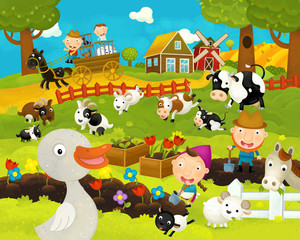 cartoon happy and funny farm scene with happy goose - illustration for children