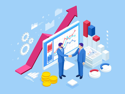Isometric Successful business collaboration. Businessmen shaking hands. B2B. Data and key performance indicators for business intelligence analytics