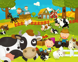 cartoon happy and funny farm scene with happy cow - illustration for children