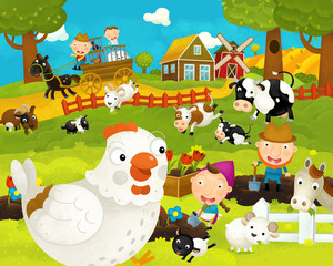 Plakat cartoon happy and funny farm scene with happy chicken hen - illustration for children