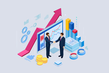 Isometric B2B sales method. Partners shaking hands. Successful entrepreneurs. Data and key performance indicators for business intelligence analytics