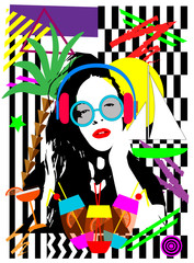 Summer background, pop art wih girl, sunglasses, headphones, cocktails, palm tree and yacht