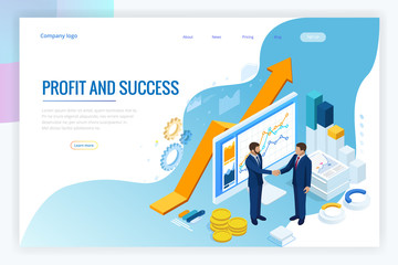Isometric B2B sales method. Partners shaking hands. Successful entrepreneurs. Data and key performance indicators for business intelligence analytics