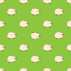 sheep pattern, vector illustration of cute sheeps, cartoon style..Seamless pattern. green backgraund