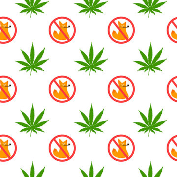 Seamless pattern with a leaf of hemp and a forbidden sign - smoking is prohibited. The cat smokes cannabis. Vector