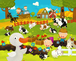 cartoon happy and funny farm scene with happy goose - illustration for children