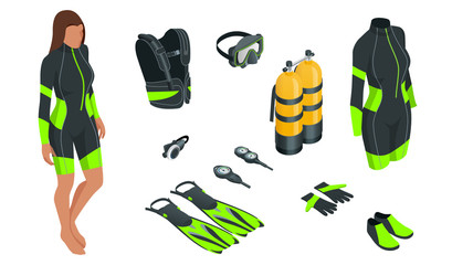 Isometric Scuba gear and accessories . Equipment for diving. IDiver wetsuit, scuba mask, snorkel, fins, regulator dive icons Underwater activity diving equipment and accessories Underwater sport