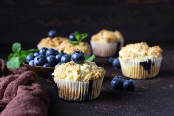 Blueberry muffins with fresh berries and mint leaves on dark brown stone background. Copy space.
