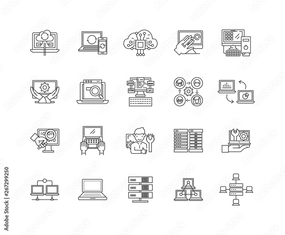 Poster computer and data processing service line icons, linear signs, vector set, outline concept illustrat