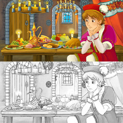 Cartoon fairy tale scene with prince by the table full of food witch coloring page sketch - illustration for children