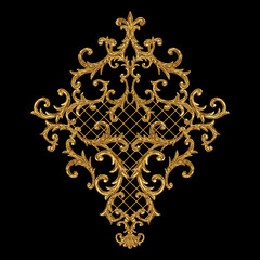 Baroque style gold element. Watercolor hand drawn vintage engraving floral scroll filigree rhombus design.
