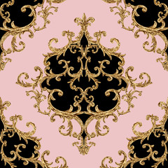 Baroque golden elements ornamental seamless pattern. Watercolor hand drawn gold element texture on pink background.