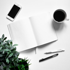 Flat lay mockup of open linear notebook