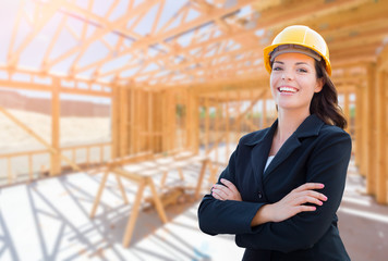 Smiling Female Contractor In Hard Hat At Construction Site