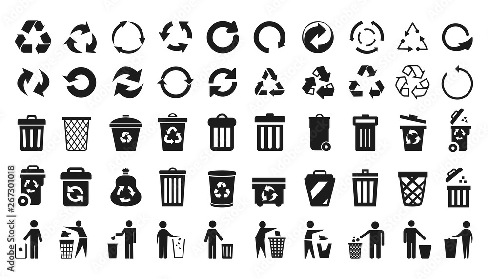 Poster recycle icons set and trash can icons with man - stock vector