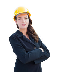 Female Contractor In Hard Hat Isolated On White
