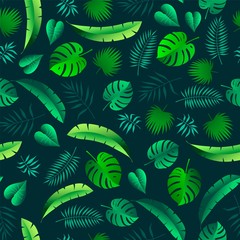 dark seamless background of different tropical leaves