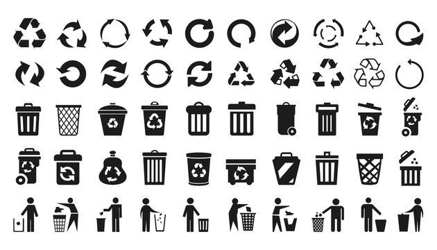 Recycle icons set and trash can icons with man - stock vector