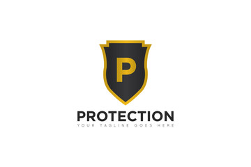 gold protection logo, p letter logo, shield icon,  vector illustration design template.