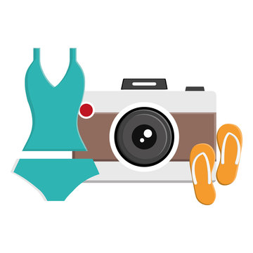 female swimsuit with flip flops and camera photographic