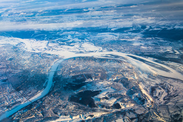 View of the Novgorod and  place of merging rivers Volga and Oka from the plane window.