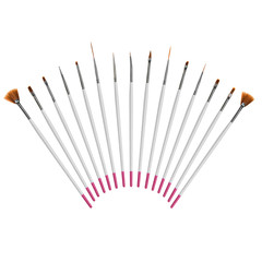 set nail art brushes closeup, top view with copy space