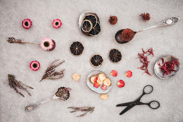 Vintage scissors, herbs and flowers