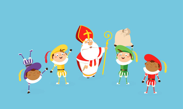 Saint Nicholas or Sinterklass and helpers Piets celebrate and having fun - vector illustration cartoon style