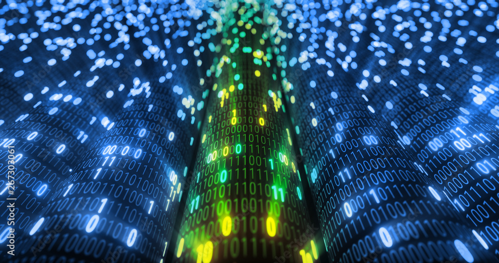 Poster Futuristic data stream, Digital flow. Dynamic pattern with power rays and light.Data transferring. Information concept. Technology background. 3D rendering