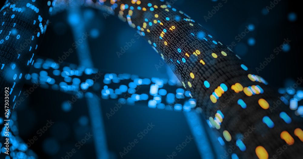 Poster Futuristic data stream, Digital flow. Dynamic pattern with power rays and light.Data transferring. Information concept. Technology background. 3D rendering