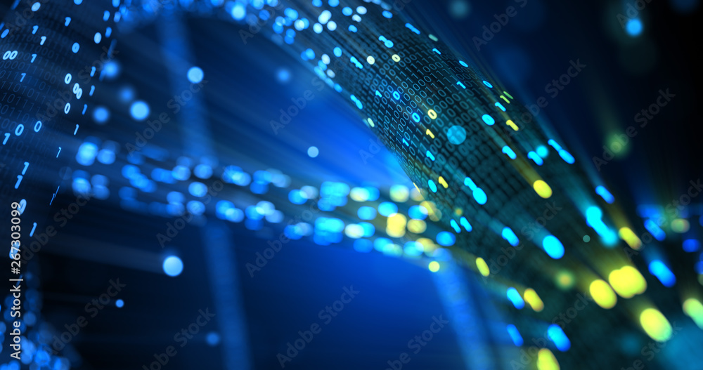 Poster Futuristic data stream, Digital flow. Dynamic pattern with power rays and light.Data transferring. Information concept. Technology background. 3D rendering