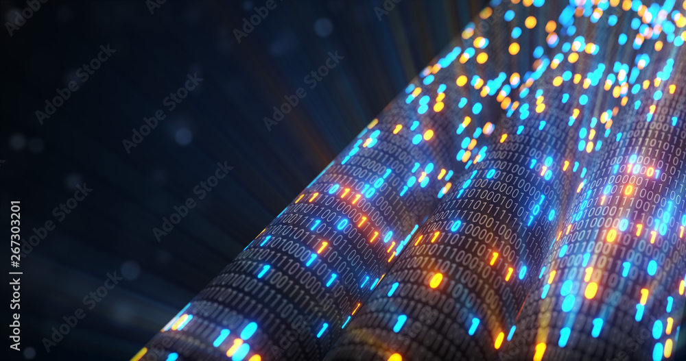 Poster abstract blue and orange digital binary code matrix background with flare. futuristic big data infor