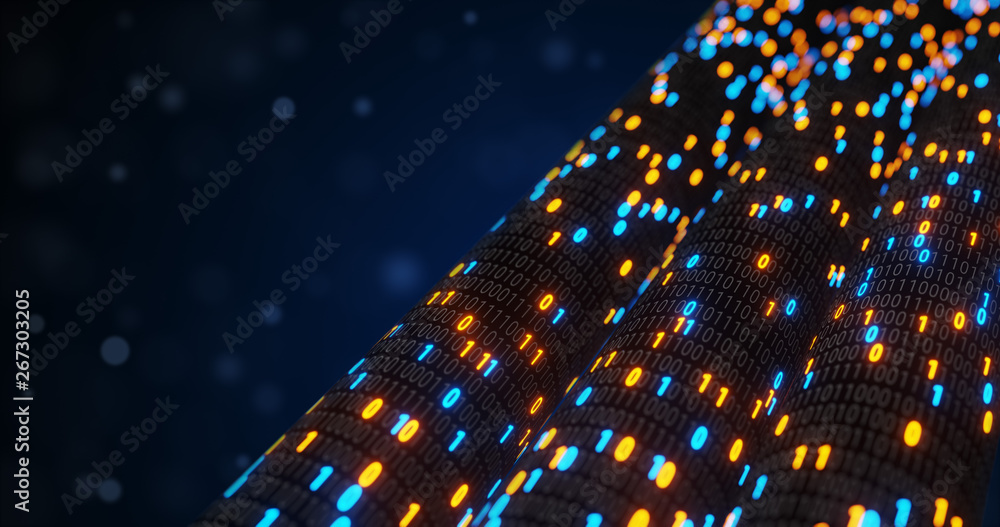 Poster abstract blue and orange digital binary code matrix background with flare. futuristic big data infor