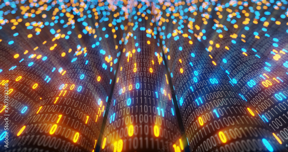 Poster abstract blue and orange digital binary code matrix background with flare. futuristic big data infor