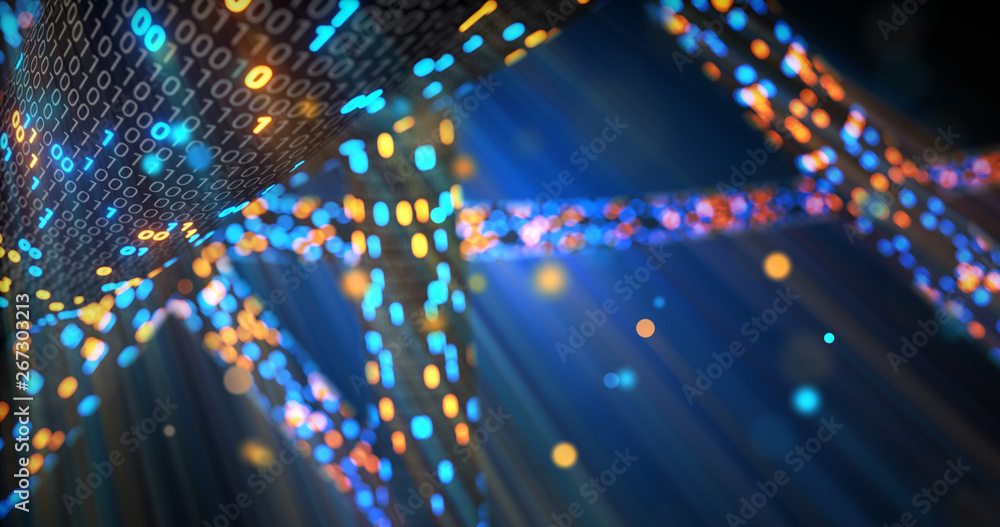 Poster abstract blue and orange digital binary code matrix background with flare. futuristic big data infor