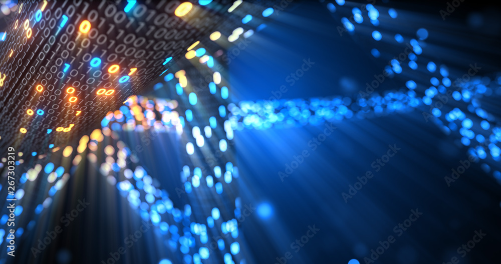 Poster abstract blue and orange digital binary code matrix background with flare. futuristic big data infor