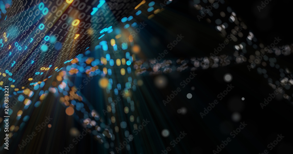 Poster abstract blue and orange digital binary code matrix background with flare. futuristic big data infor