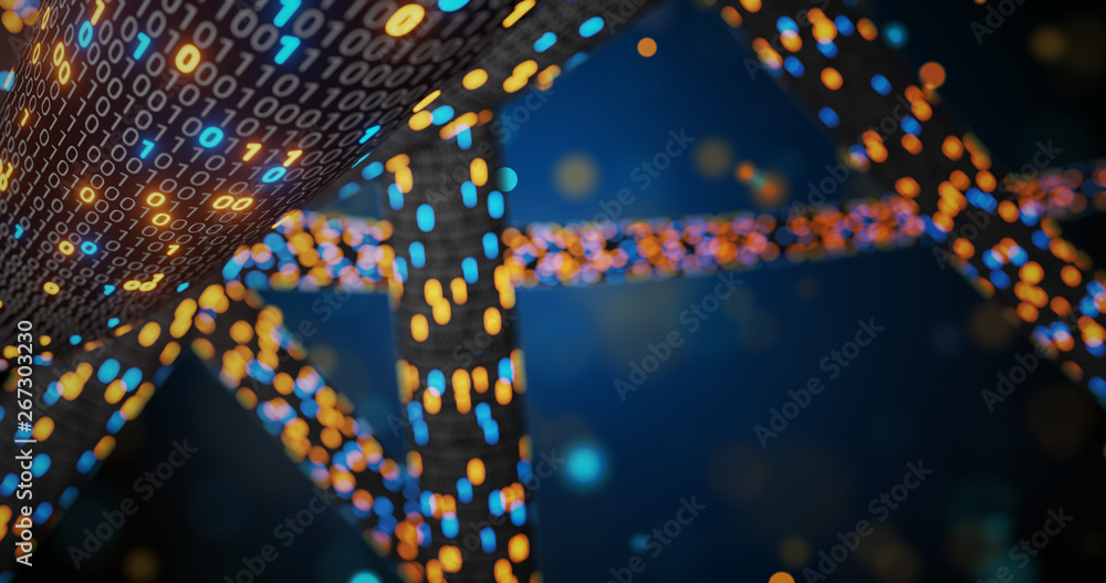 Poster abstract blue and orange digital binary code matrix background with flare. futuristic big data infor