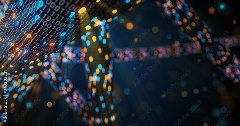 Poster abstract blue and orange digital binary code matrix background with flare. futuristic big data infor