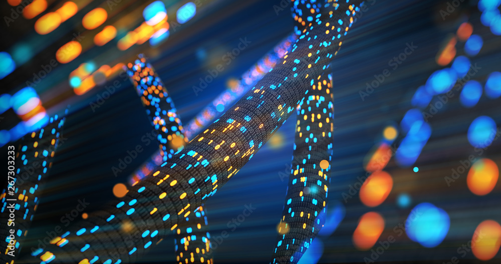 Poster abstract blue and orange digital binary code matrix background with flare. futuristic big data infor