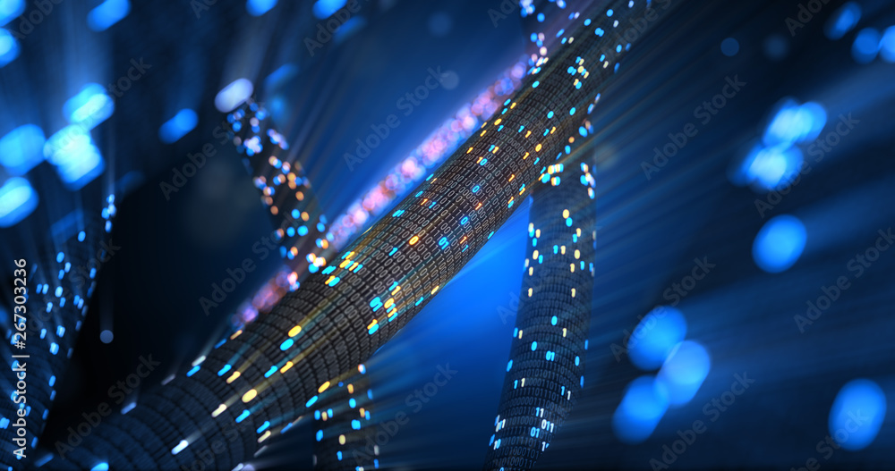 Poster abstract blue and orange digital binary code matrix background with flare. futuristic big data infor