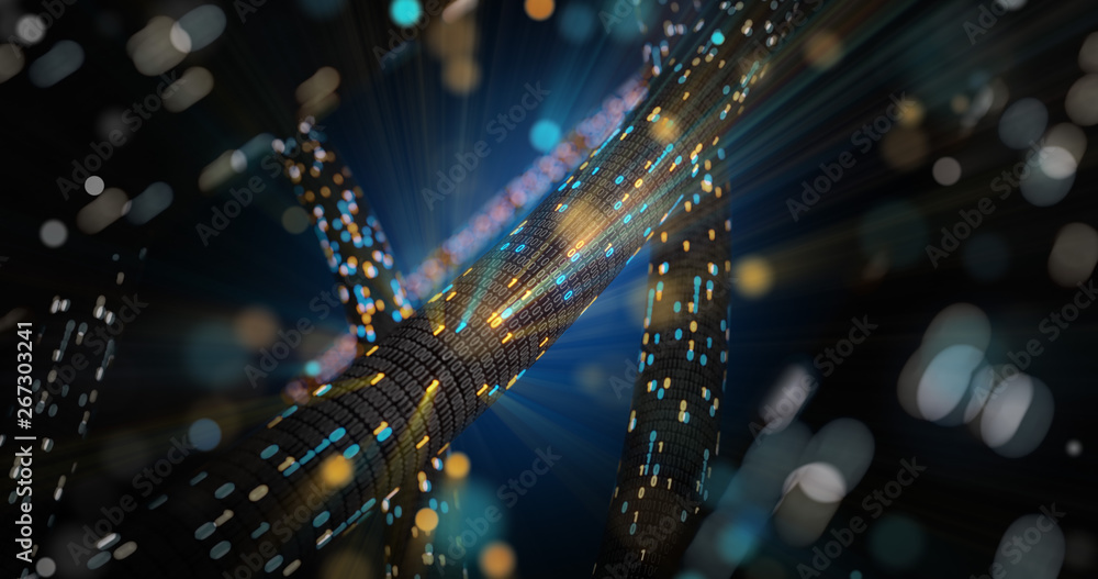 Poster abstract blue and orange digital binary code matrix background with flare. futuristic big data infor