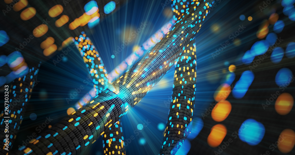 Poster abstract blue and orange digital binary code matrix background with flare. futuristic big data infor