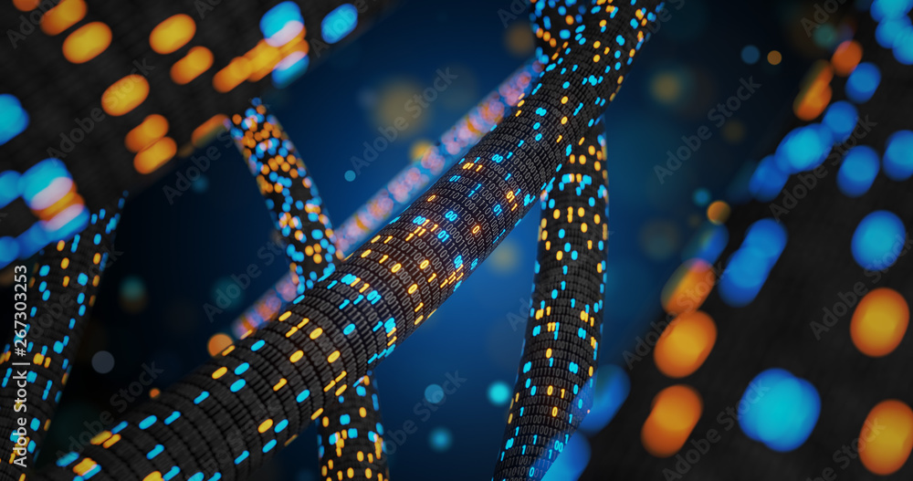 Poster abstract blue and orange digital binary code matrix background with flare. futuristic big data infor
