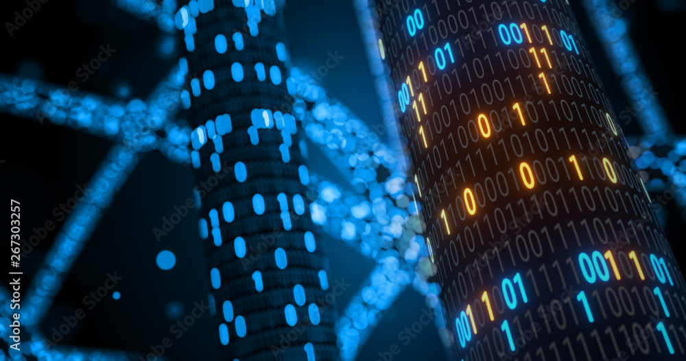 Poster abstract blue and orange digital binary code matrix background with flare. futuristic big data infor