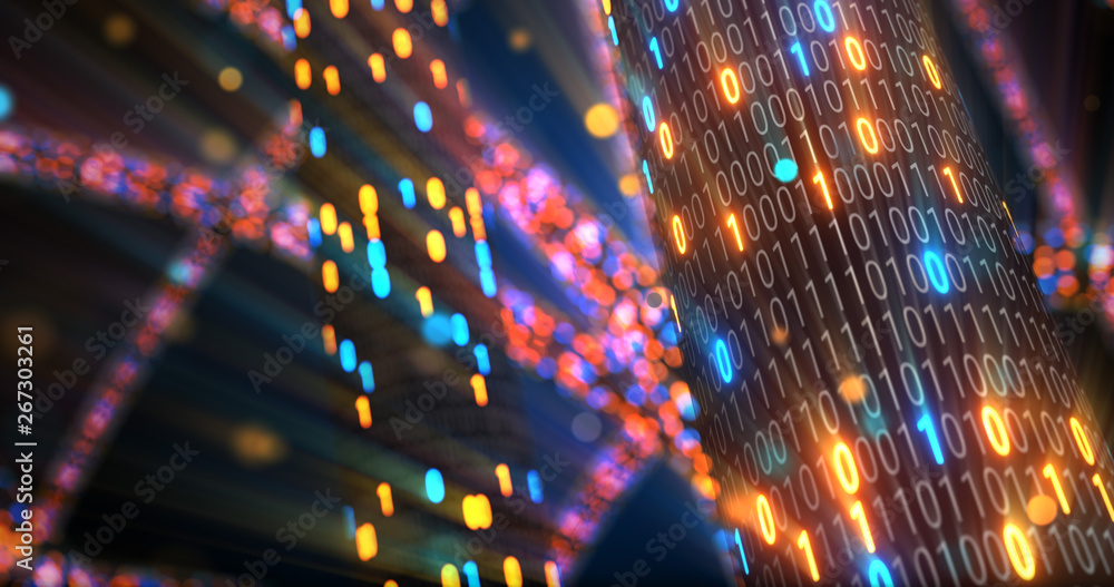 Poster abstract blue and orange digital binary code matrix background with flare. futuristic big data infor