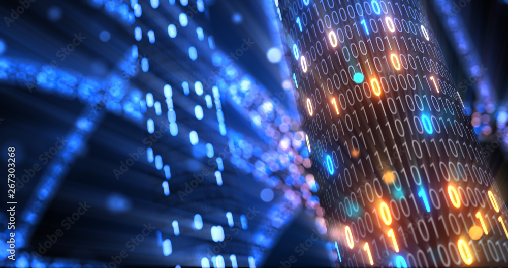 Poster abstract blue and orange digital binary code matrix background with flare. futuristic big data infor
