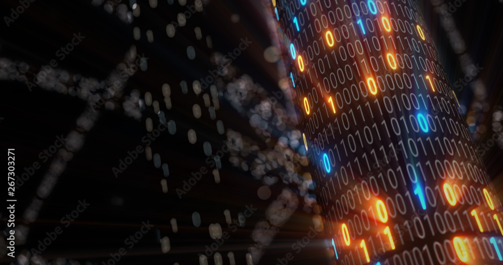 Poster abstract blue and orange digital binary code matrix background with flare. futuristic big data infor