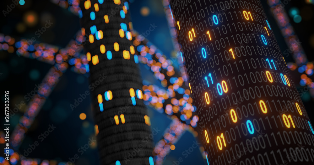 Poster abstract blue and orange digital binary code matrix background with flare. futuristic big data infor