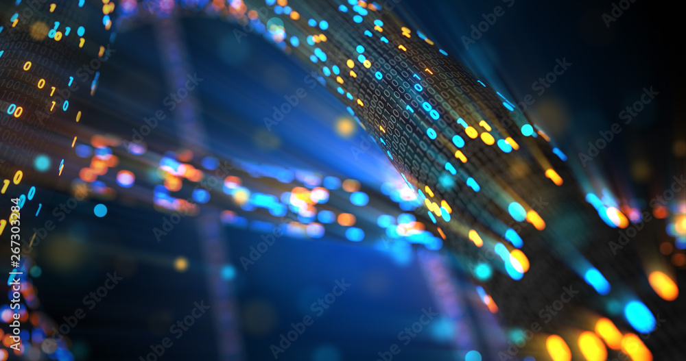 Poster abstract blue and orange digital binary code matrix background with flare. futuristic big data infor